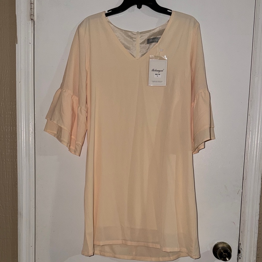 Belongsci Cream Dress with V-Neck